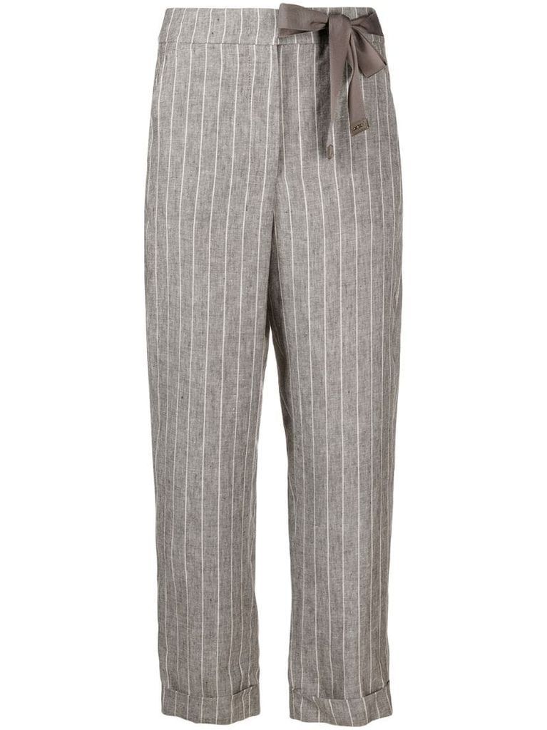 drawstring-waist cropped pinstripe trousers