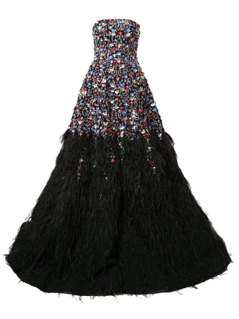 feather-embellished strapless gown