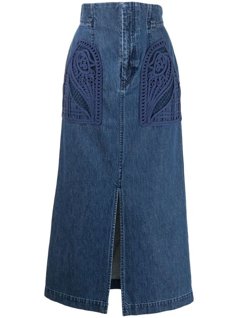 embroidered-pocket denim skirt