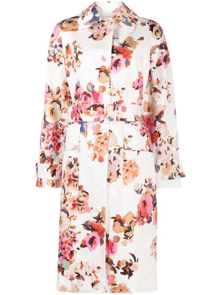 floral-print belted coat