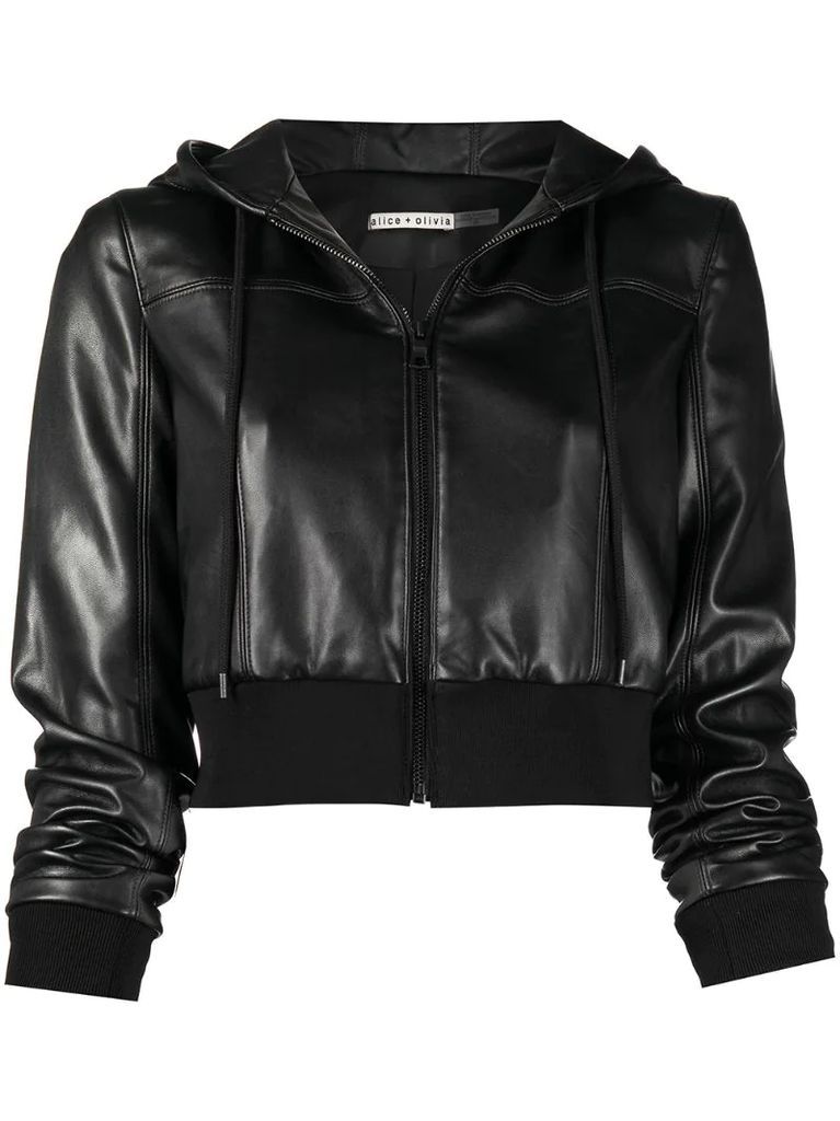 faux-leather hooded jacket