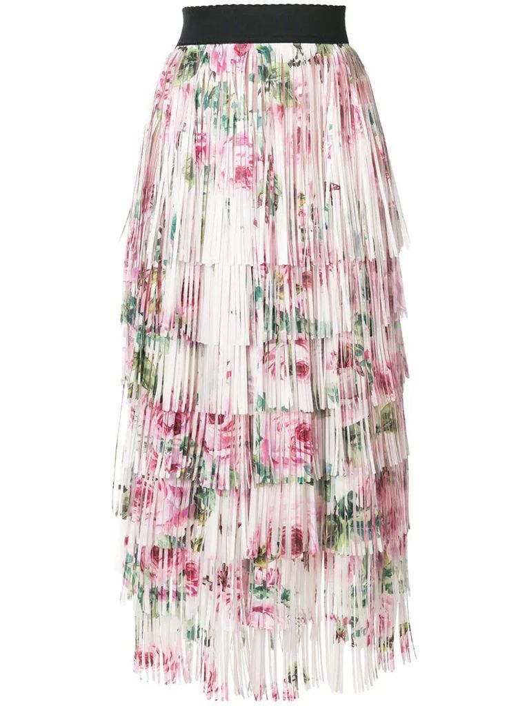 tiered fringed rose print midi skirt