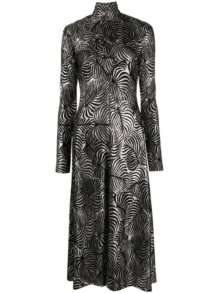 metallized foliage-print dress