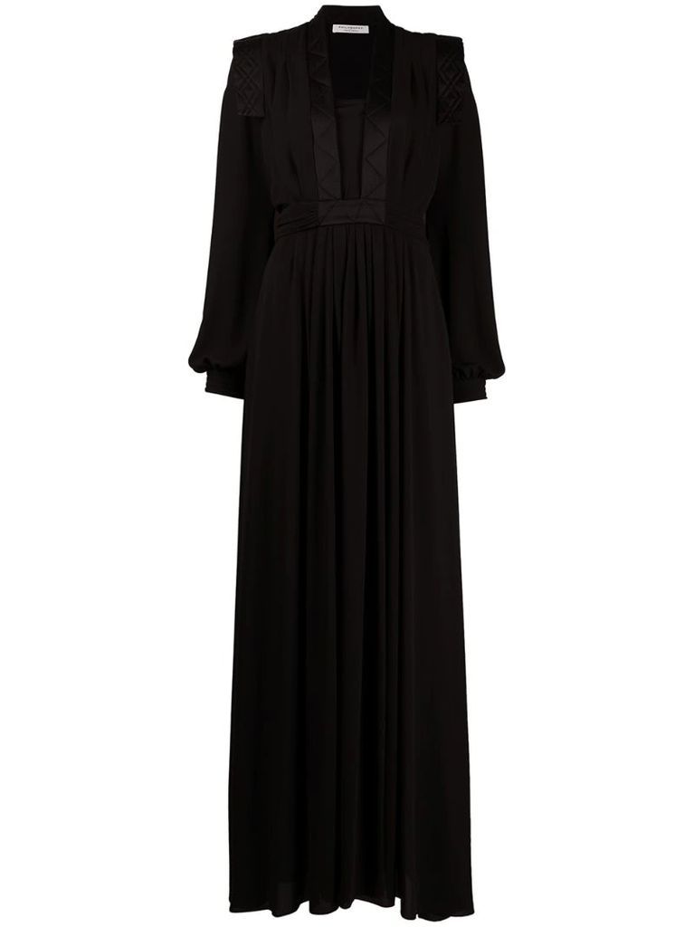 quilted-trim bishop sleeved gown