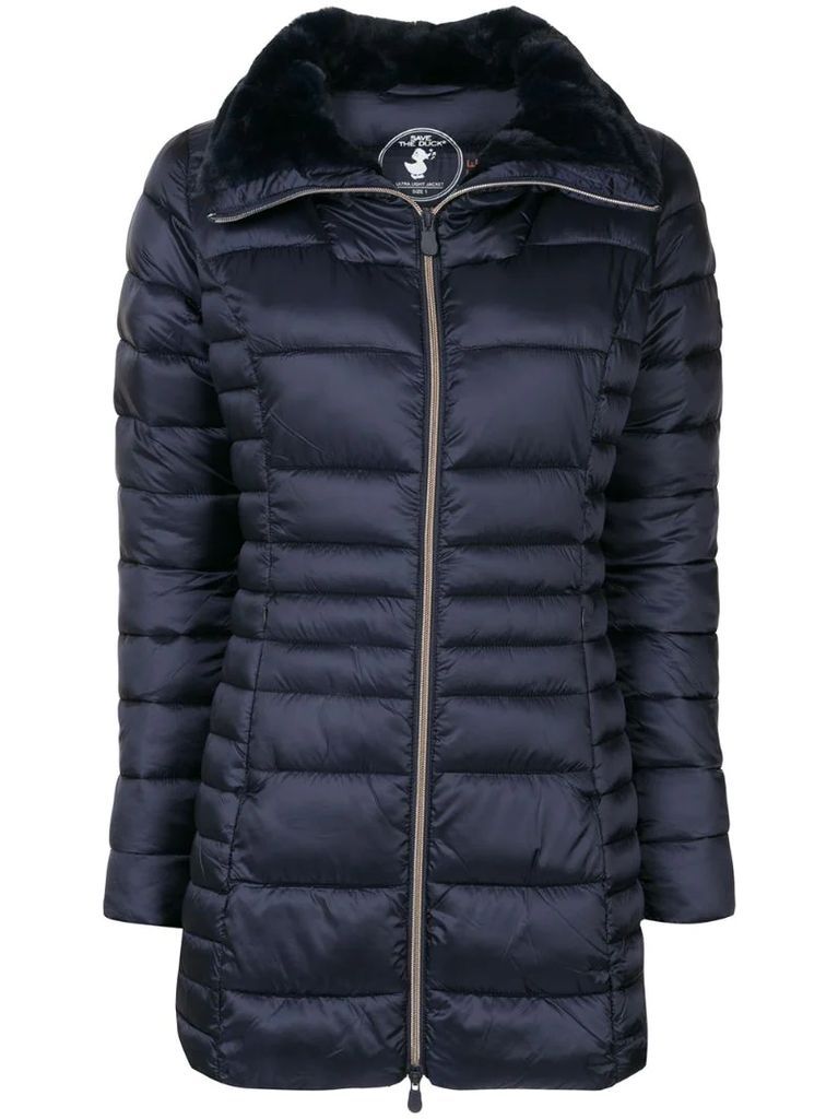 synthetic fur reversible long quilted jacket