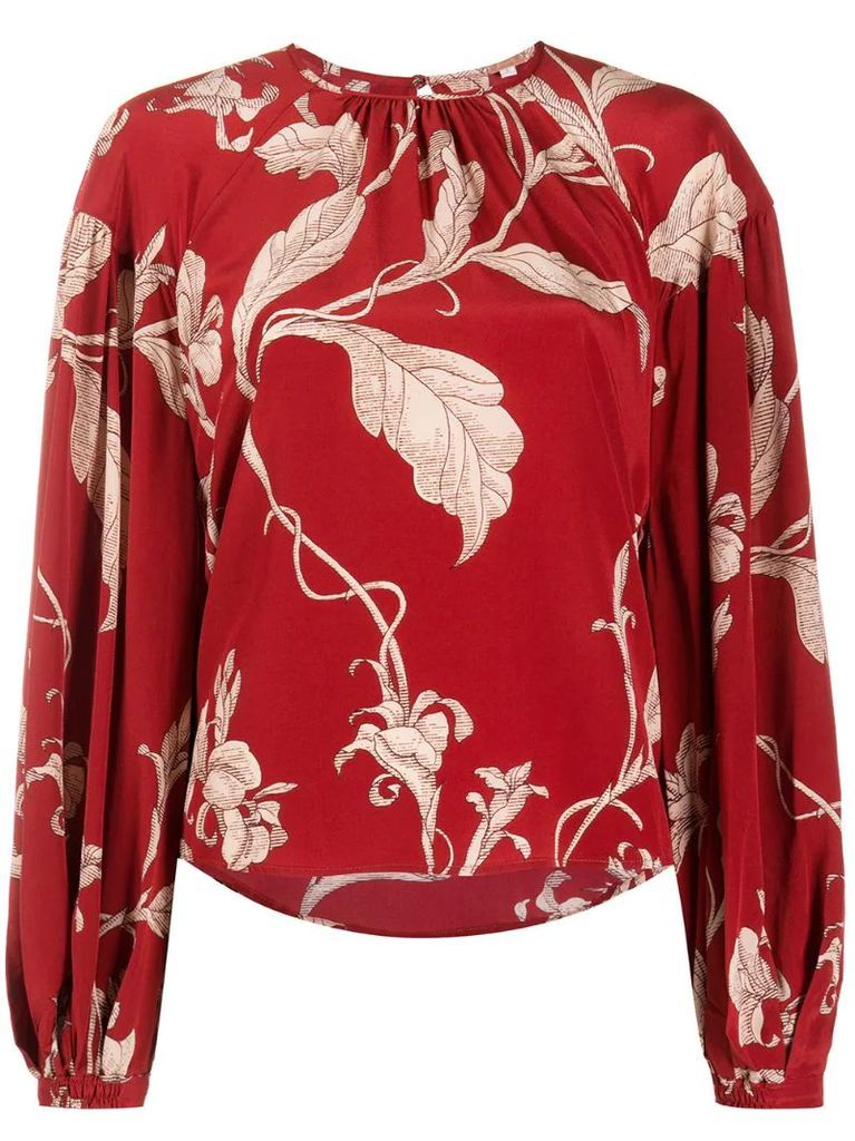 botanical-print balloon-sleeved blouse