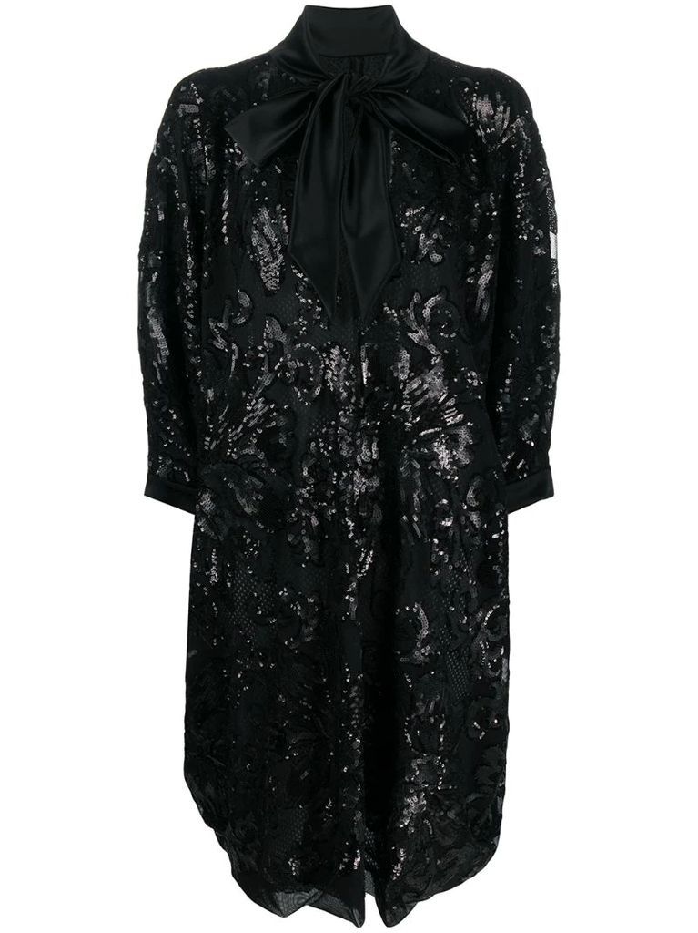 oversized sequin shirt dress with pussy bow detail