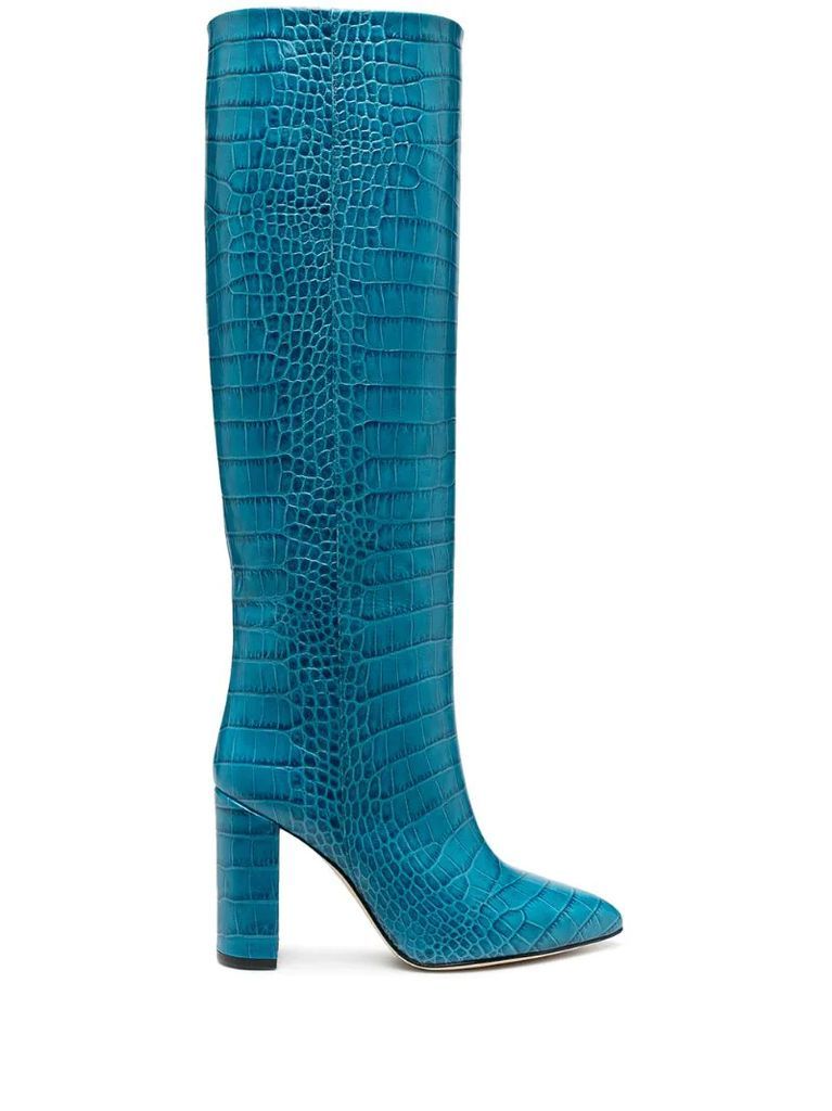 lizard-effect knee-high leather boots