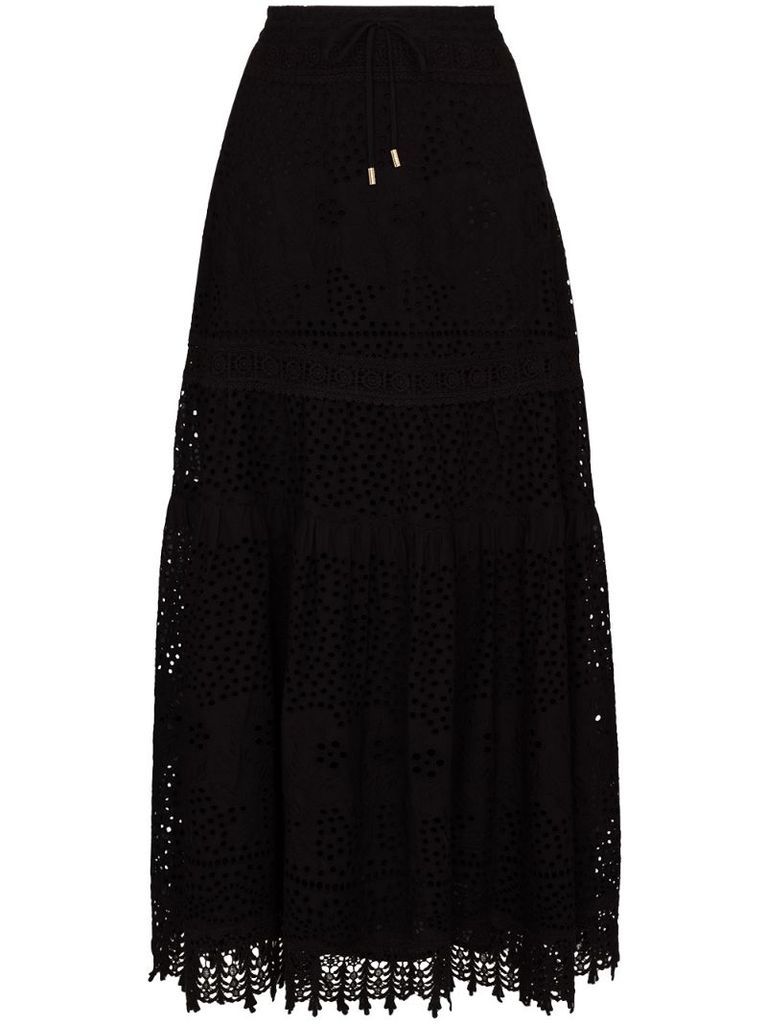 high-waist embroidered midi skirt
