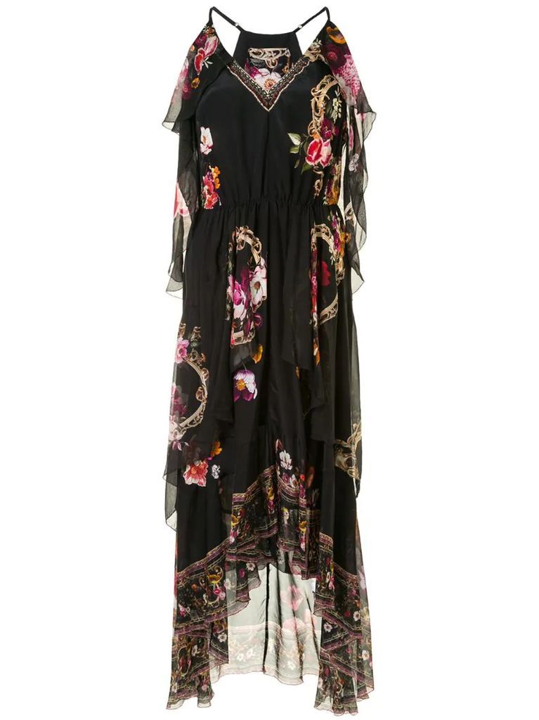 floral-print ruffled silk dress