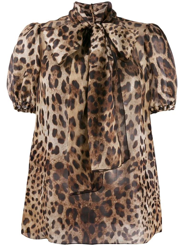 pussy bow leopard-print organza blouse