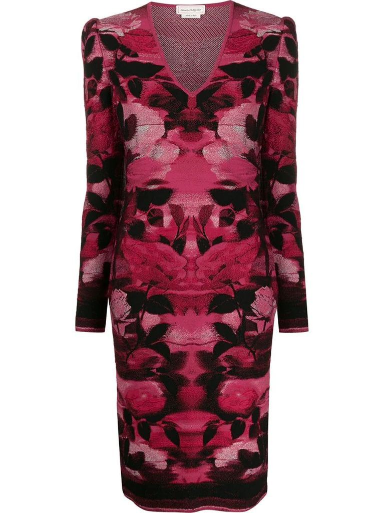 blurred rose jacquard fitted dress