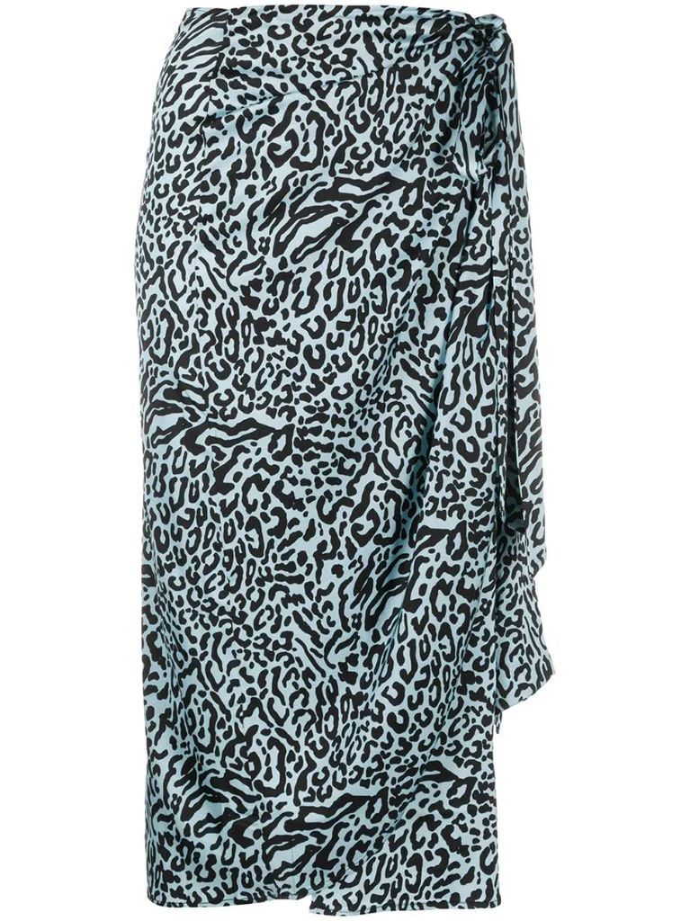 leopard-print draped satin midi skirt