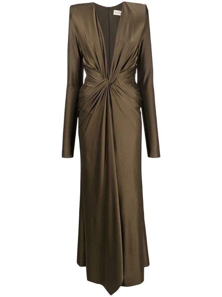 plunging long-sleeved ruched gown
