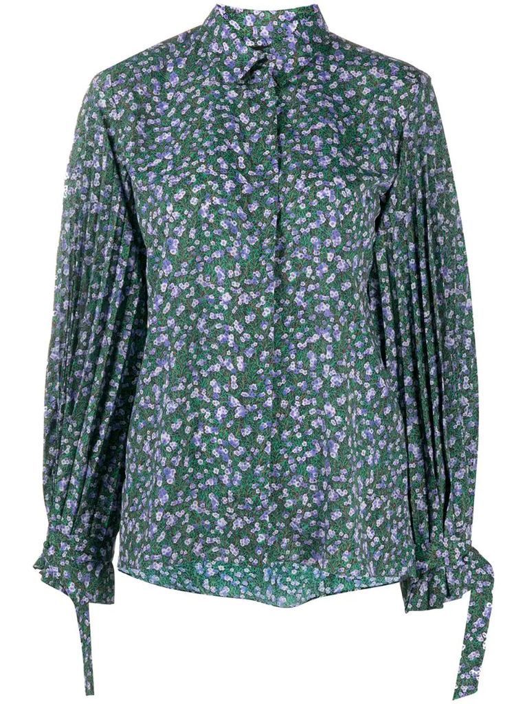 floral print blouse with pleated sleeves