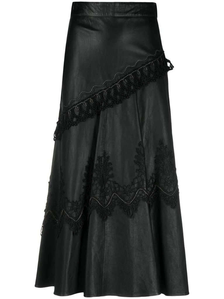 1980s lace appliqué midi leather skirt