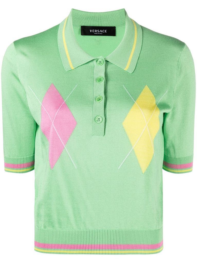 argyle-print knitted polo top