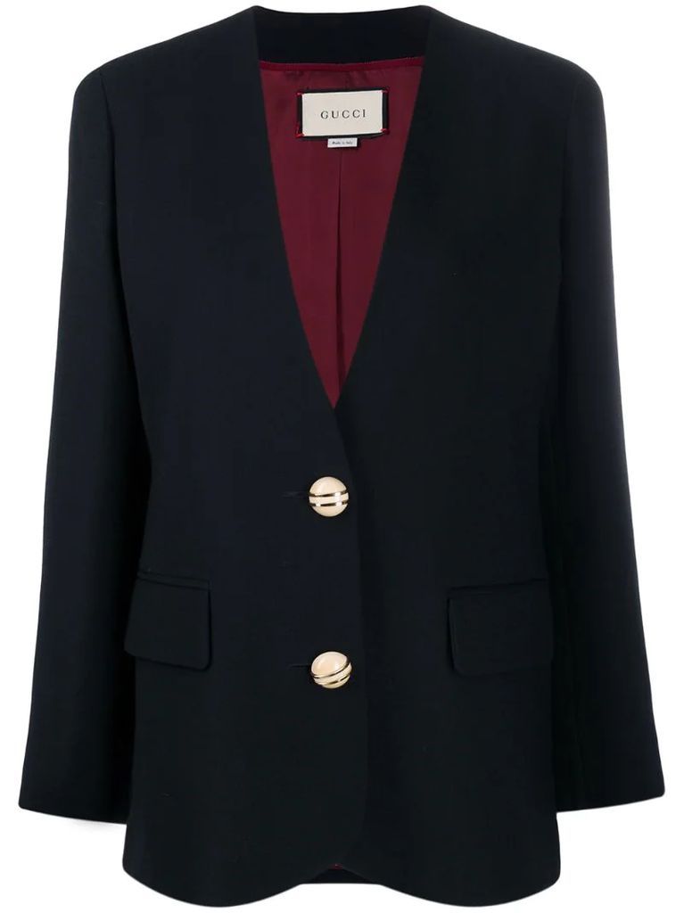 button-embellished collarless blazer
