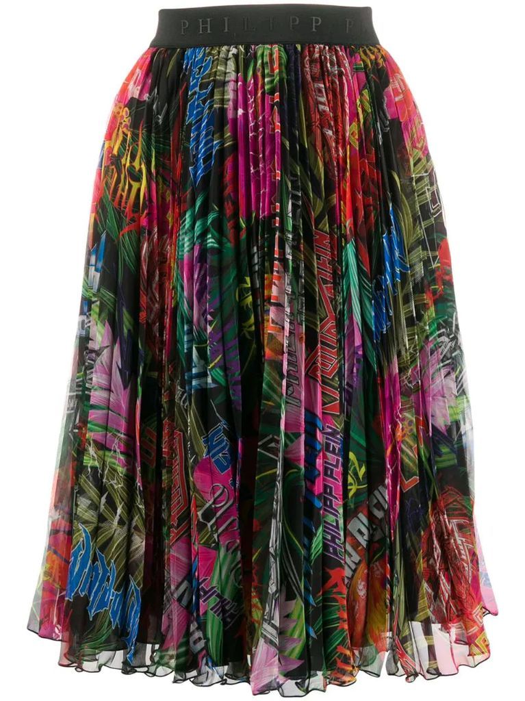 jungle rock print pleated skirt