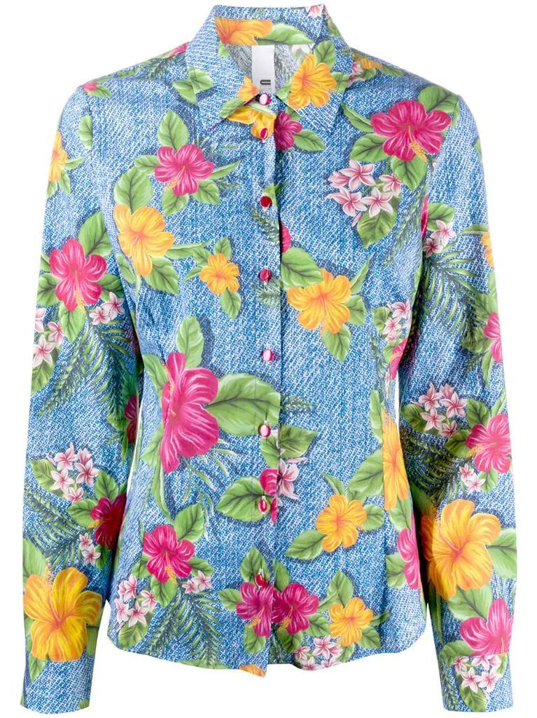 long sleeve floral print denim shirt