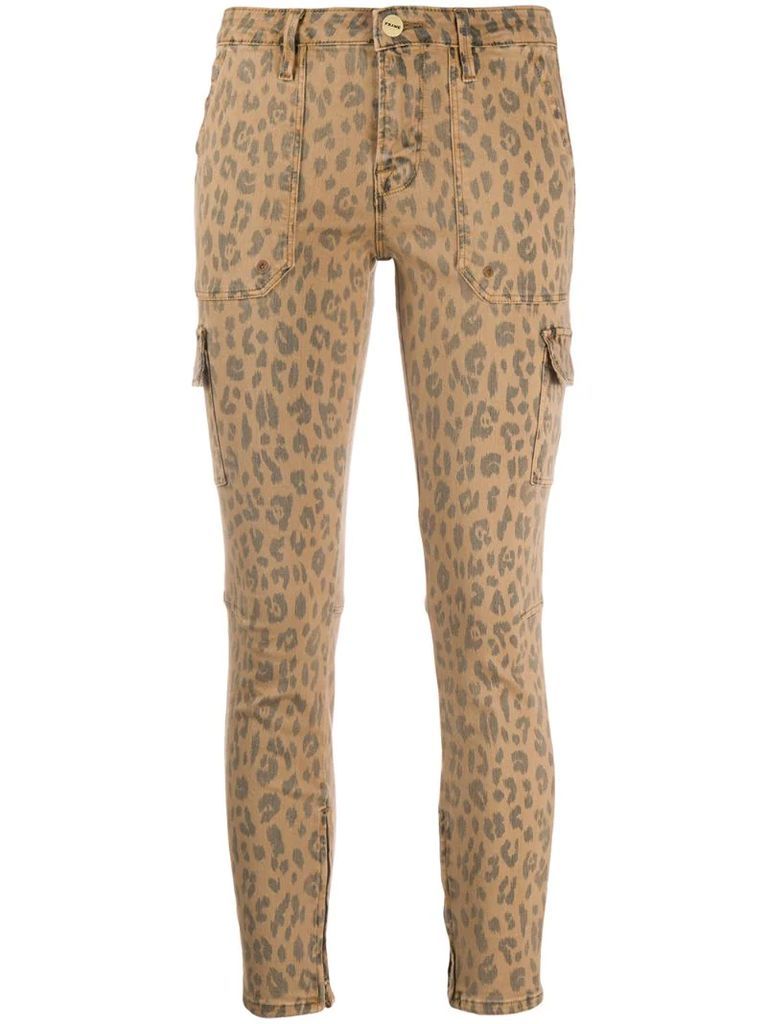 leopard-print cropped cargo skinny jeans