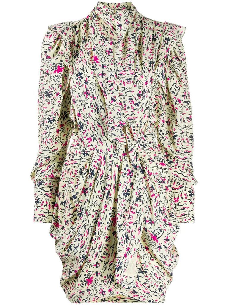 floral-print pleated draped mini dress