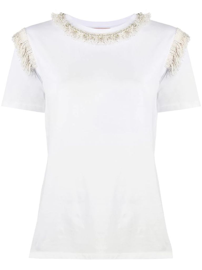 pearl fray trimmed cotton T-shirt