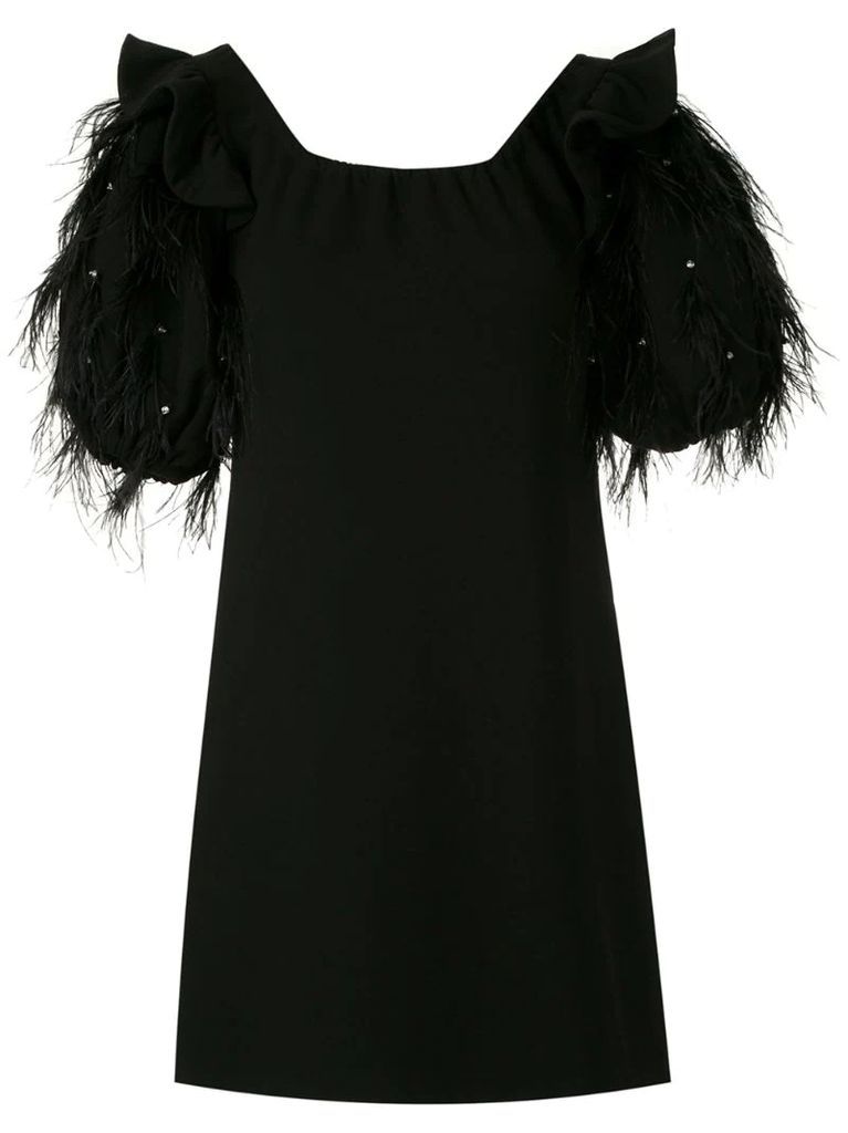 feather trim puff-sleeves dress