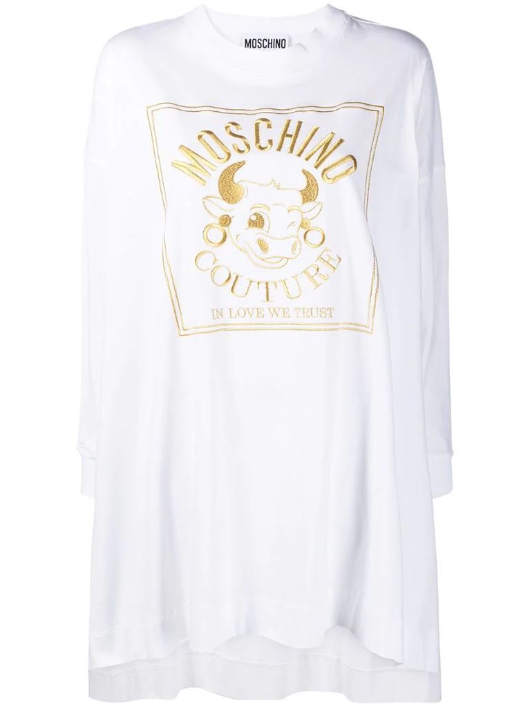 logo embroidered cow jersey dress