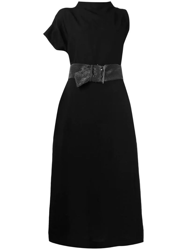 asymmetric-sleeve belted-waist dress