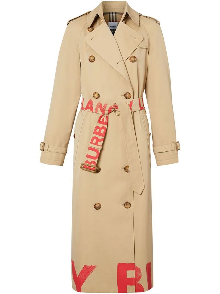 logo-print double-breasted trench coat