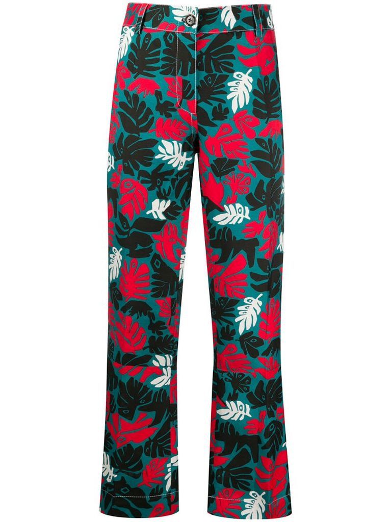 leaf print front pleated trousers