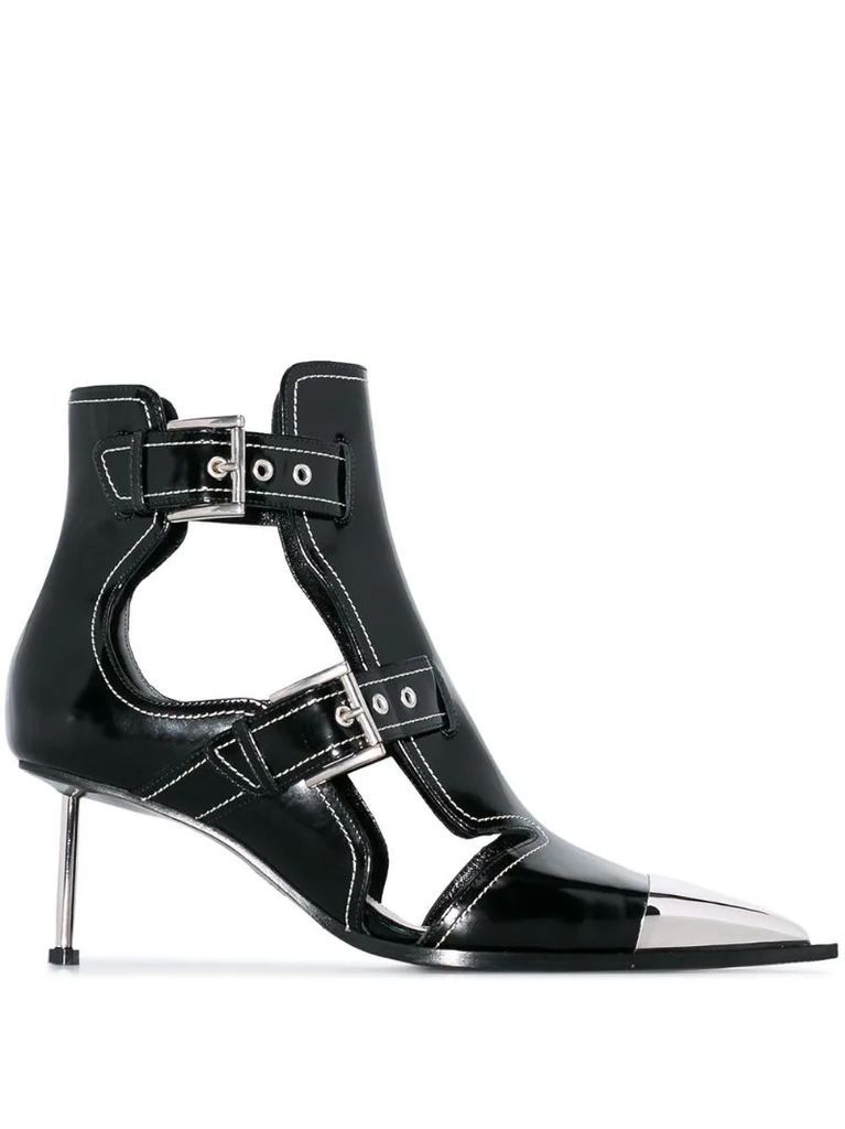 black buckle-up patent leather ankle boots