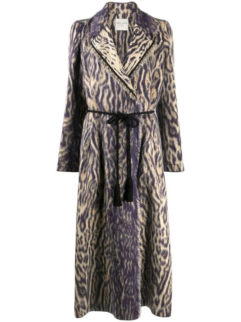 animal-print belted midi coat
