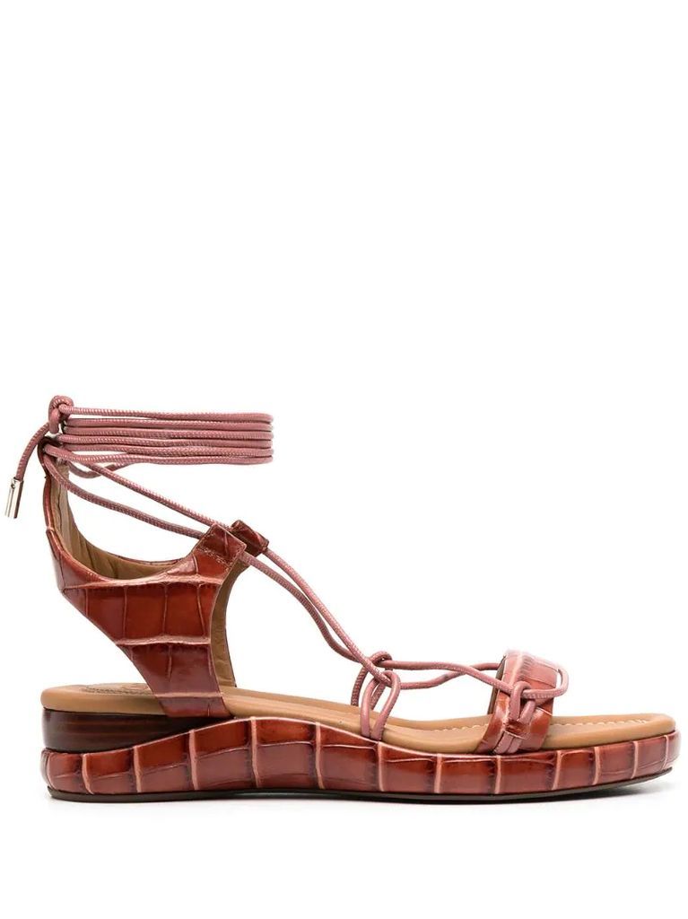 crocodile embossed lace-up flat sandals