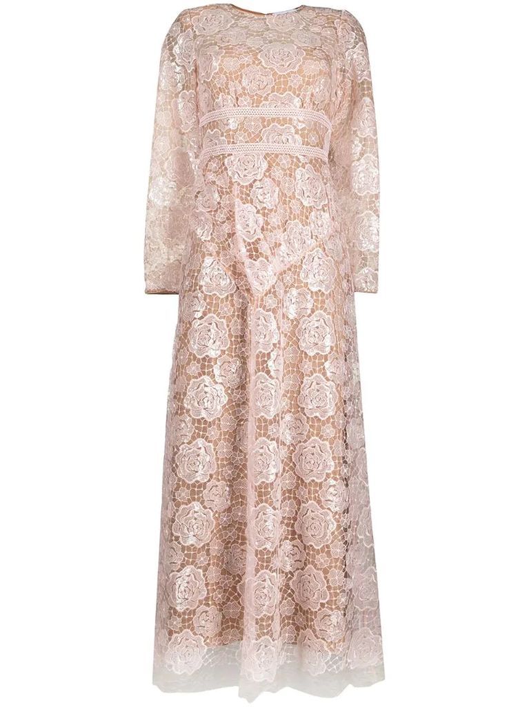 floral-embroidered long-sleeved midi dress