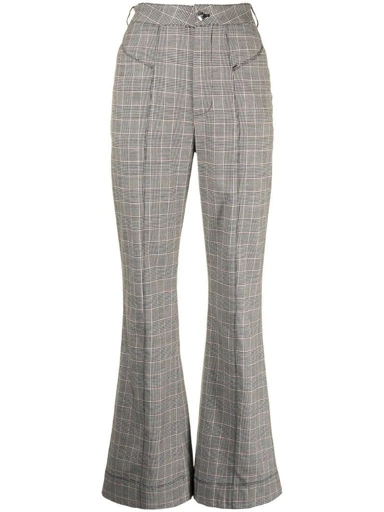 plaid-check flared trousers