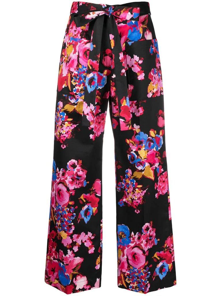 tie-waist floral-print trousers
