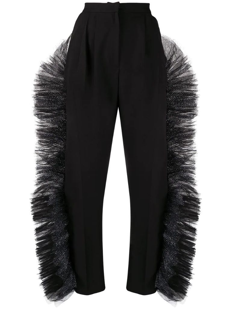 tulle-ruffle high-rise trousers