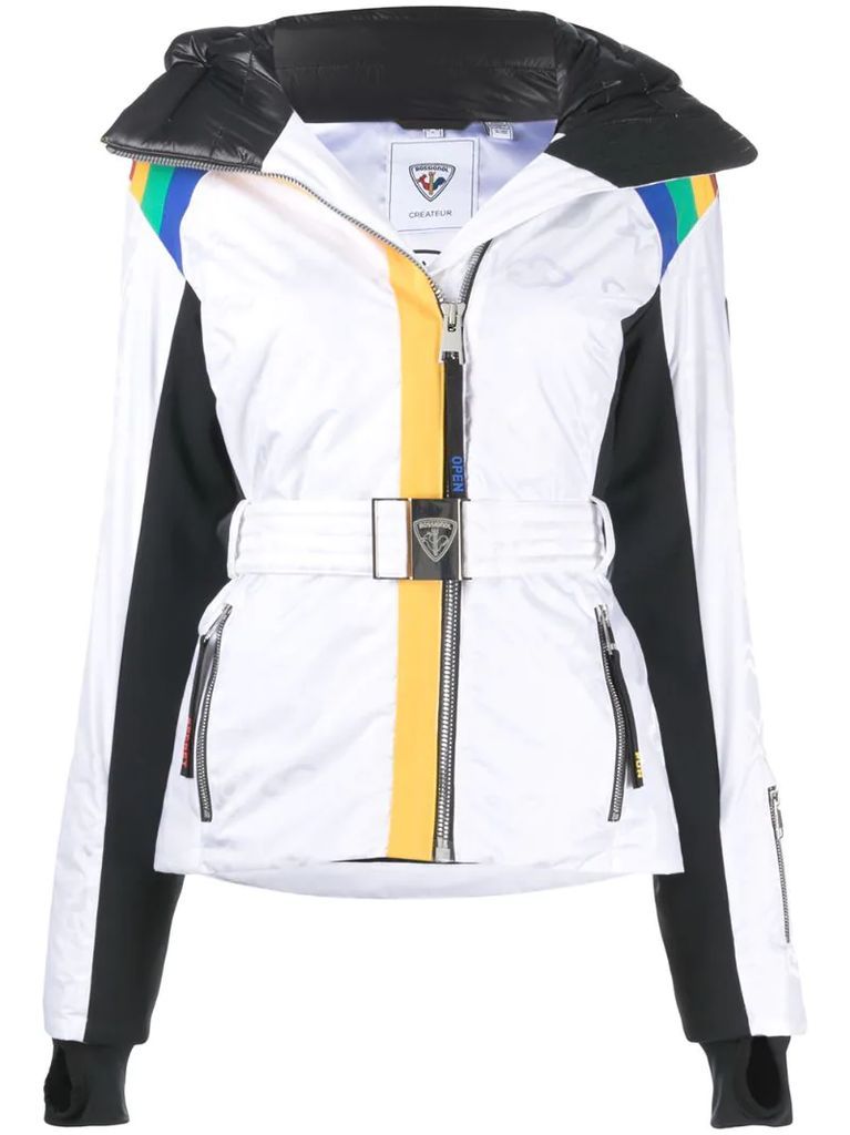 stripe-print belted down-filled ski jacket