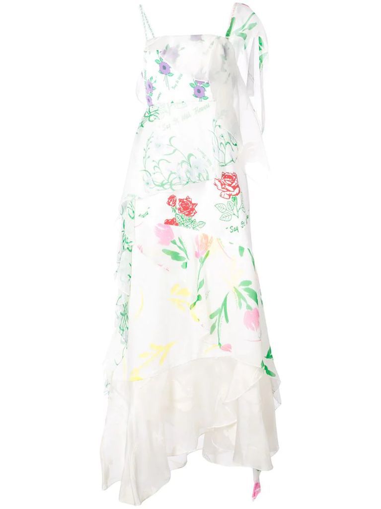 floral print layered asymmetric slip dress