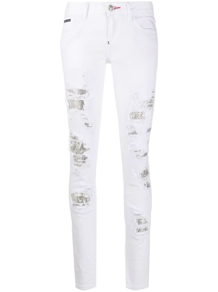 crystal-embellished distressed jeans