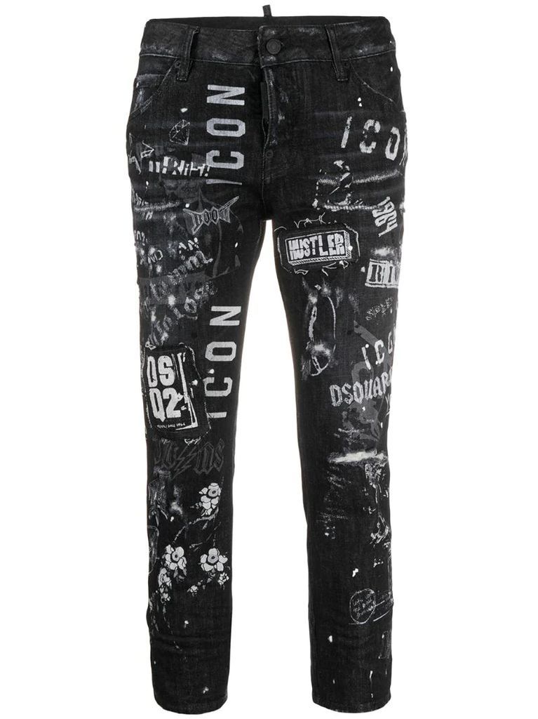 logo print distressed cropped jeans