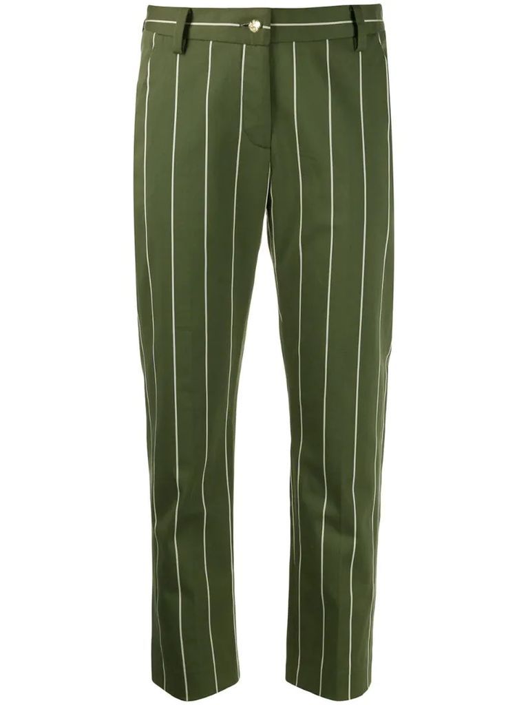 Cropped Cotton Sateen Striped Straight Leg Trouser