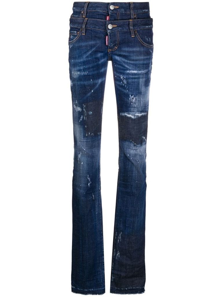 double-waist slim-fit jeans