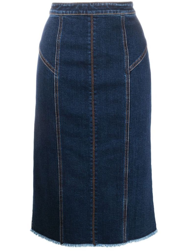 panelled mid-length denim skirt