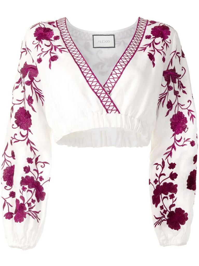 Caja floral-embroidered linen top