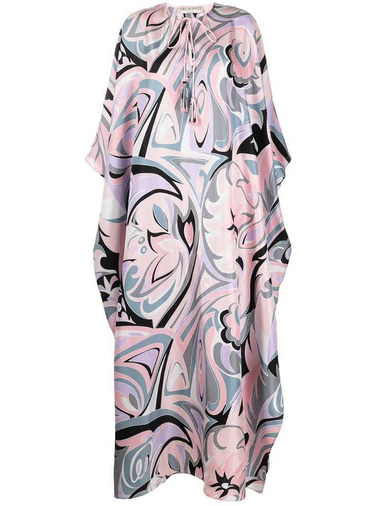 Tropico print kaftan-style silk dress