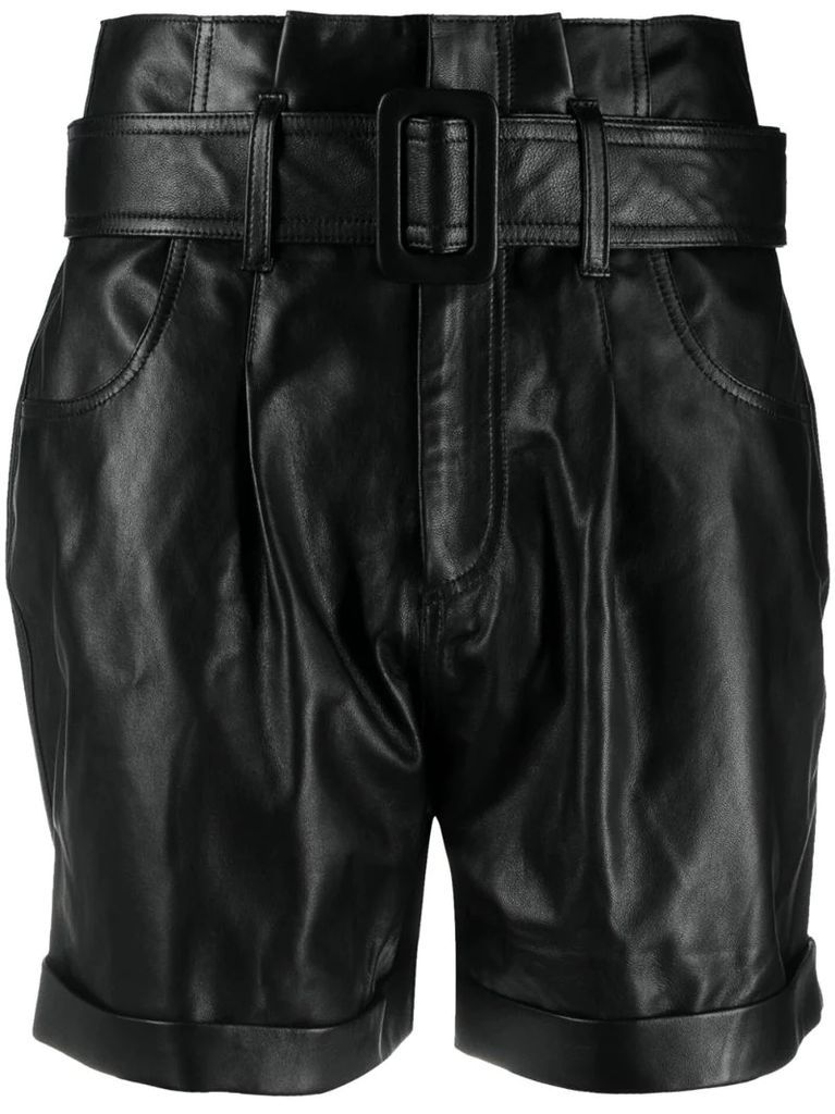 high-waist belted leather shorts