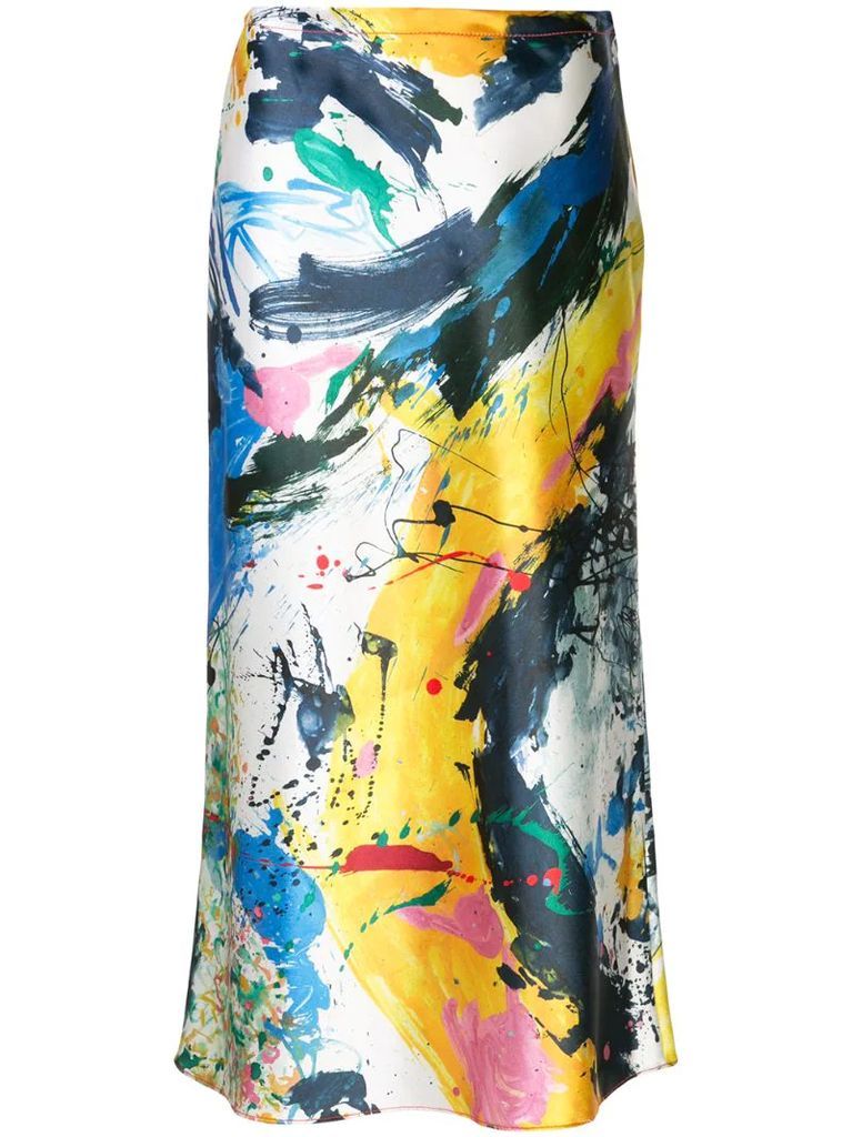 painted-print satin skirt
